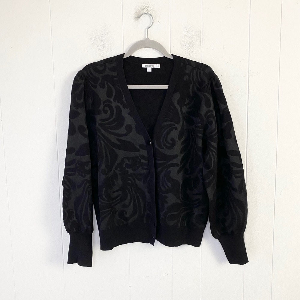 Chico's Black Damask Jacquard V-Neck Cardigan Puff Sleeve Sweater Size 3 US XL